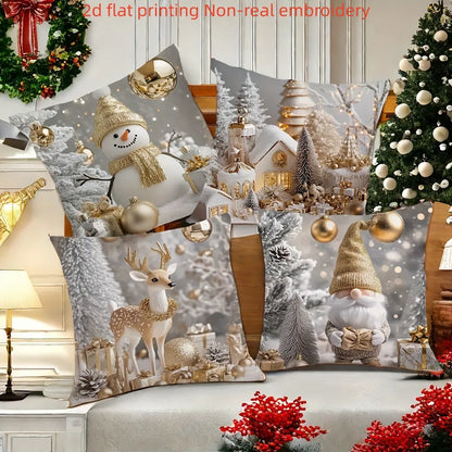 4Pcs Christmas Throw Pillow Covers Featuring Snowmen and Elves