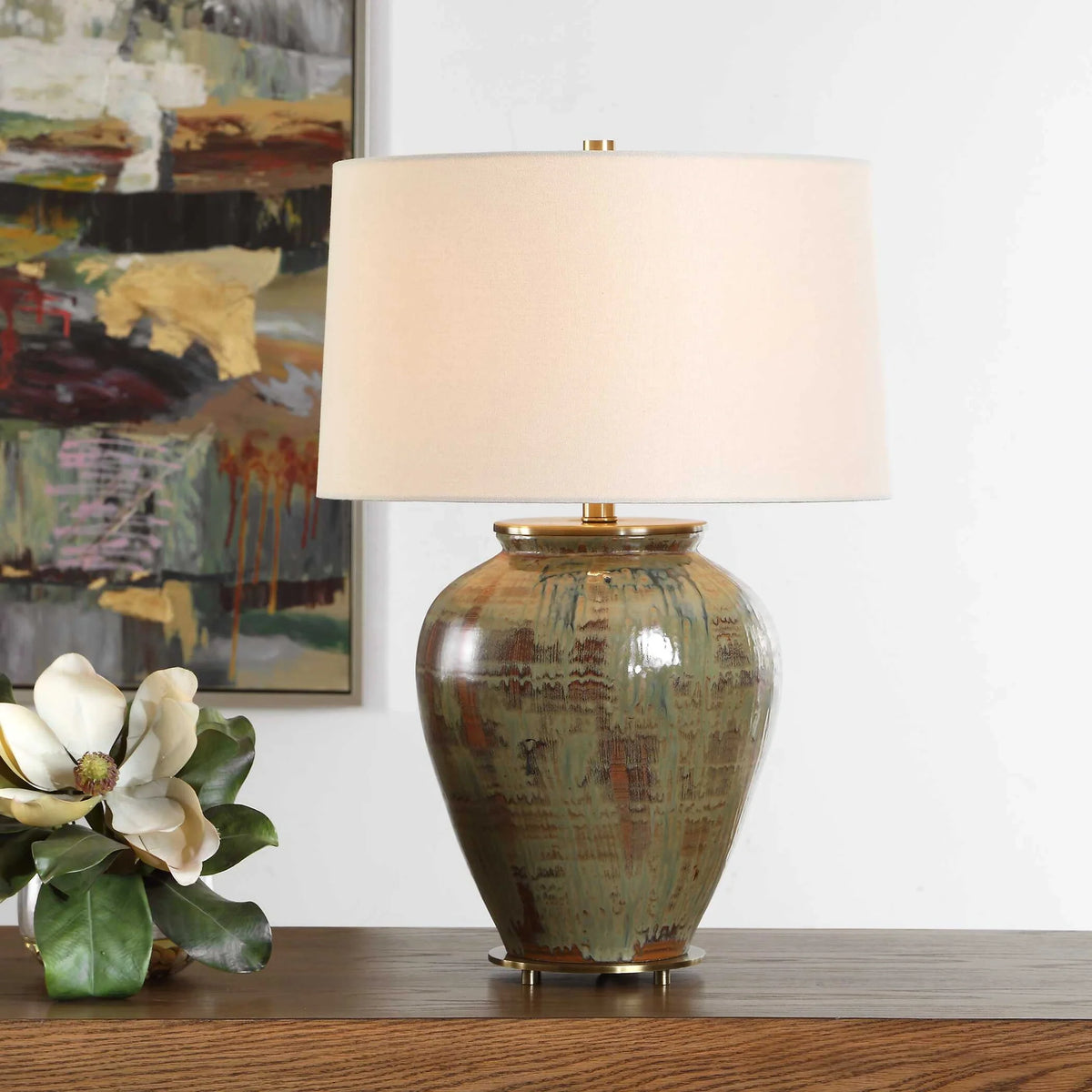 Green & Brown Ceramic Urn Table Lamp