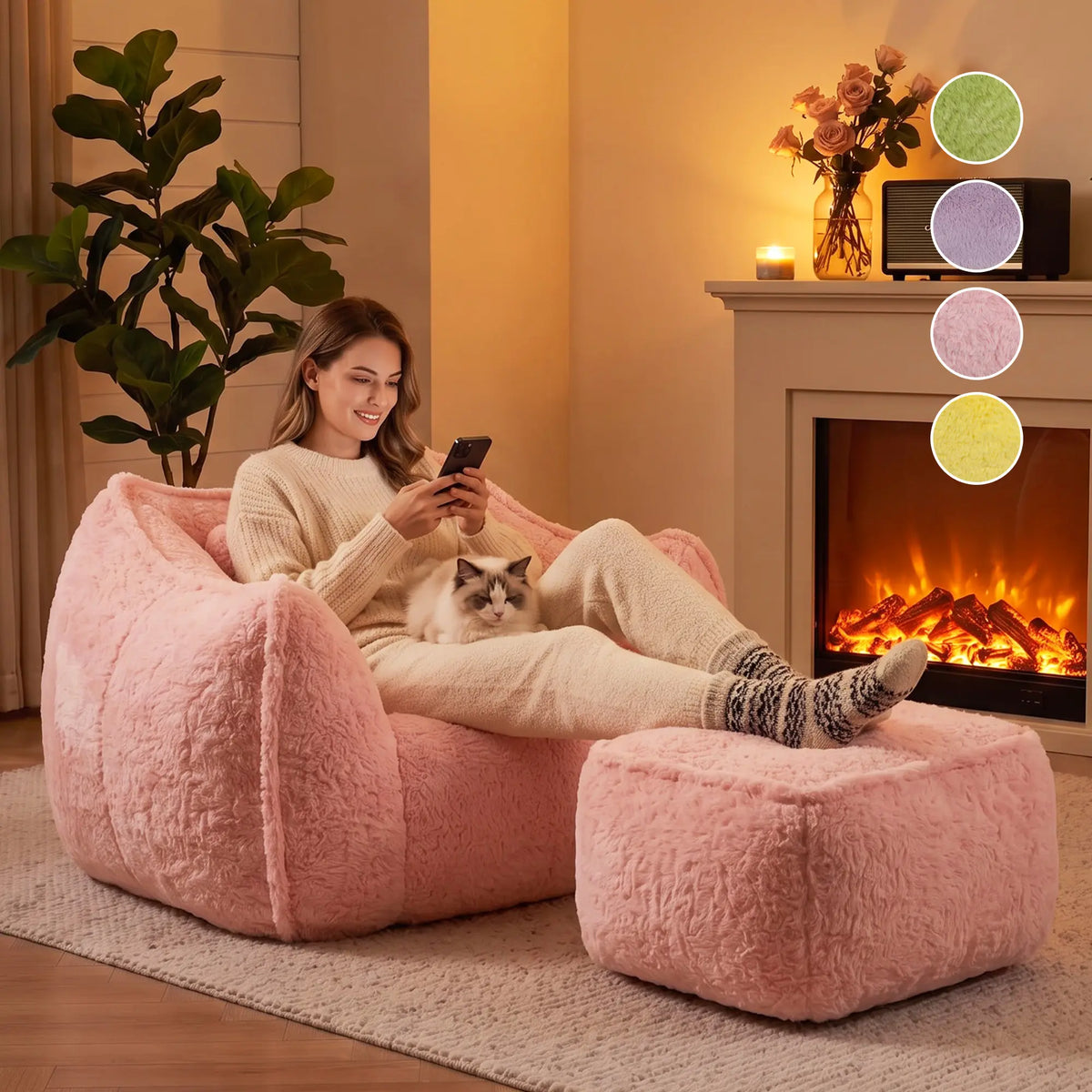 Fluffy Faux Fur Bean Bag Lounger with Ottoman