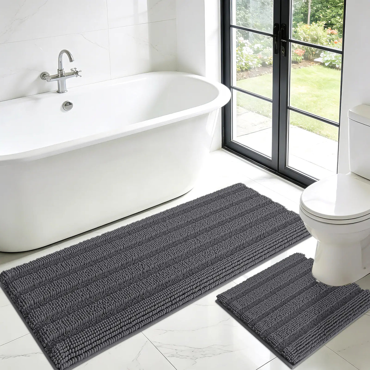 Accumtek Soft Striped Chenille Bath Rug Set - 3 Plush, Non-Slip Mats for Comfort and Style