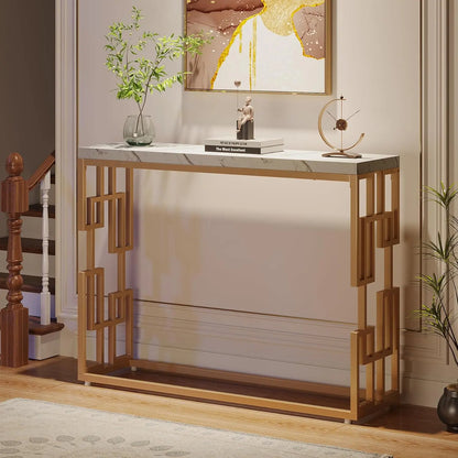 Tribesigns 42.5" Modern Gold Console Table Featuring a White Faux Marble Top