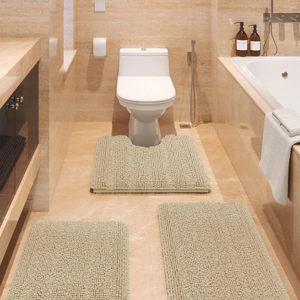 Transform Your Bathroom with the ACCUMTEK Luxurious Soft Striped Chenille Bath Rug Set - 3 Plush, Non-Slip Mats for Ultimate Comfort and Style