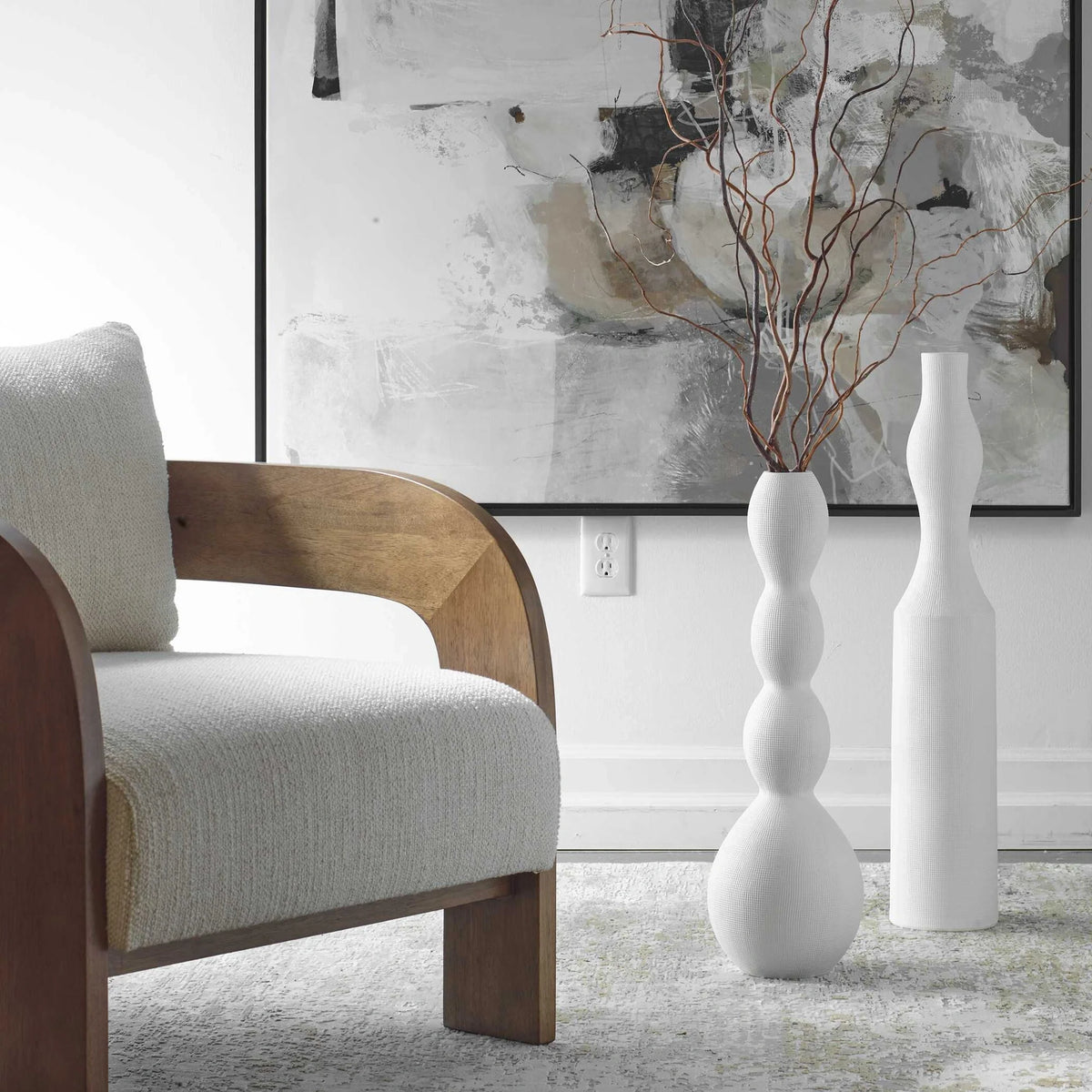 Oversized White Ceramic Vases, Set of 2