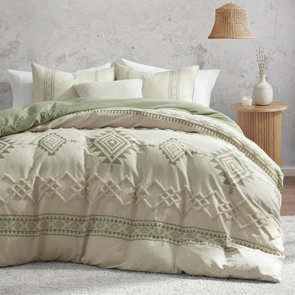 Boho Tufted Geometric Duvet Cover Set | 3-Piece Jacquard Microfibre with 8 Corner Ties | Sage, Terracotta, Grey or White