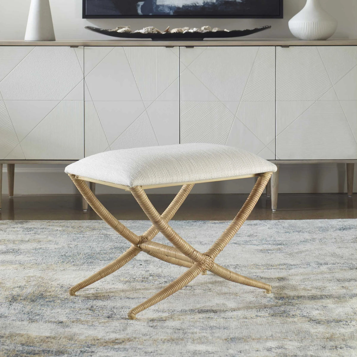Rattan-Wrapped White Fabric Bench