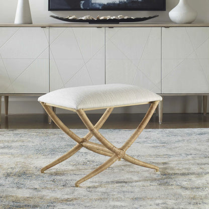 Rattan-Wrapped White Fabric Bench