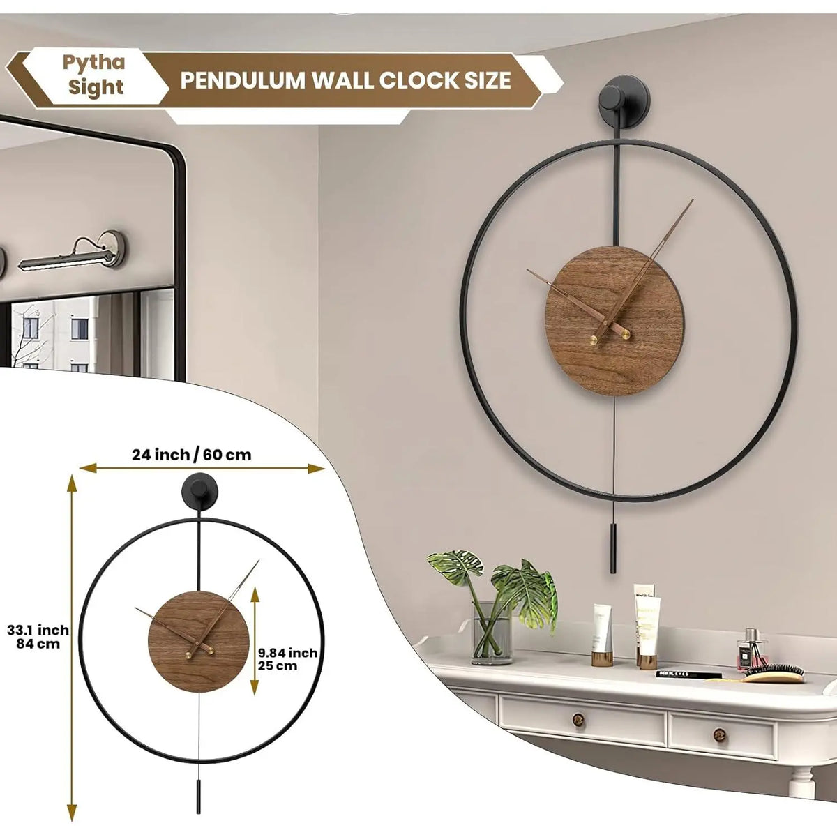 Large Pendulum Wall Clock 24" × 33" | Silent Non-Ticking Quartz Movement, Walnut Hands | Black or Black-Walnut