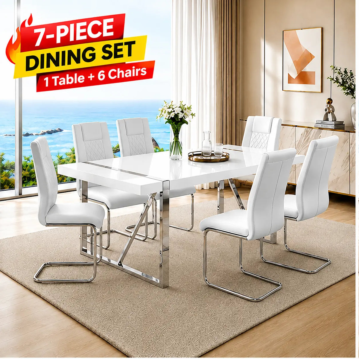 7-Piece Dining Table Set with White Rectangular MDF Table and 6 Leather Chairs