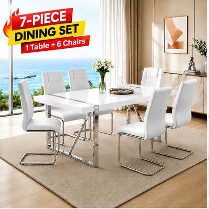 7-Piece Dining Table Set with White Rectangular MDF Table and 6 Leather Chairs