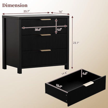 Mid-Century Fluted Nightstand with 3 Spacious Drawers - Black Wooden Bedside Table for Your Bedroom
