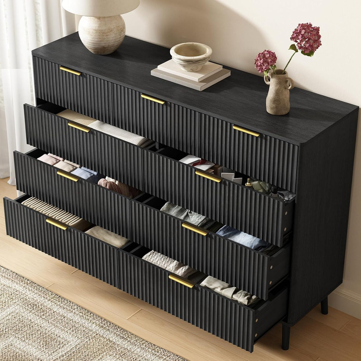 Black Fluted 9 Drawer Dresser