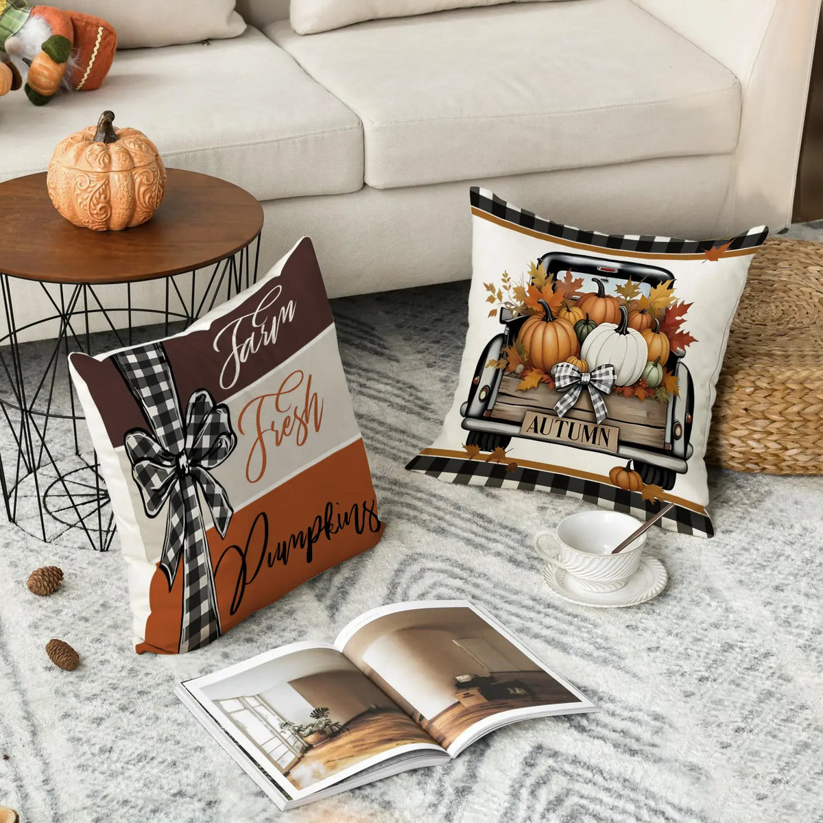4-Piece Thanksgiving Cushion Covers with Retro Truck and Pumpkin Design
