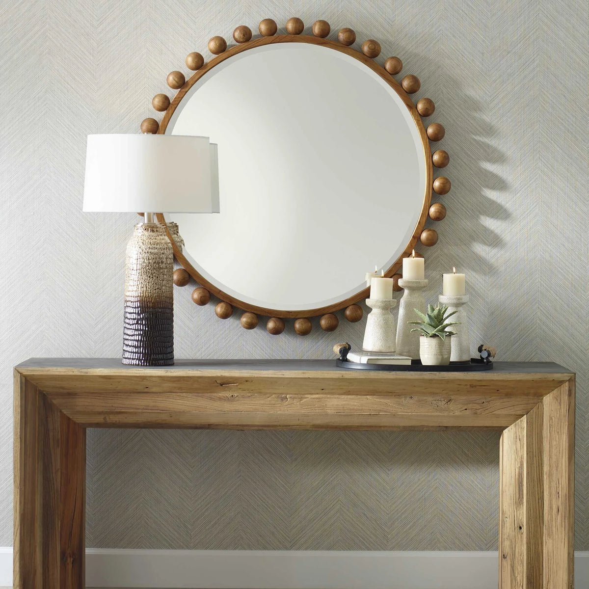 Wood Beaded Round Mirror