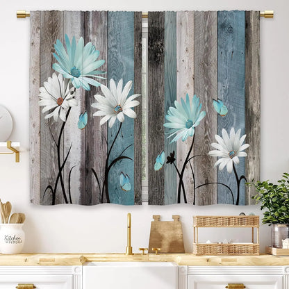 Teal Farmhouse Daisy Kitchen Curtains - Rustic Floral Butterfly Short Cafe Drapes for Country Homes (2 Panels, 27.5x39 Inch)