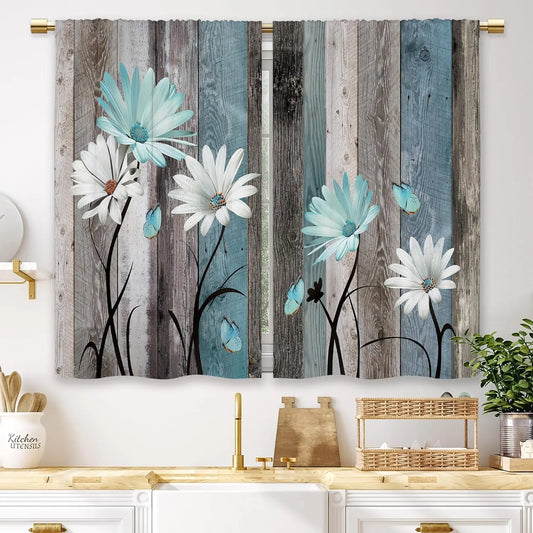 Teal Farmhouse Daisy Kitchen Curtains - Rustic Floral Butterfly Short Cafe Drapes for Country Homes (2 Panels, 27.5x39 Inch)