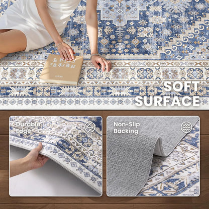 Comicomi Boho Vintage Washable Area Rug - Non-Slip, Stain Resistant, Perfect for High Traffic Areas (Blue/Beige, 8'X10')