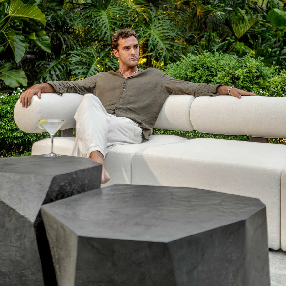 White Bolster Back Armless Outdoor Sofa