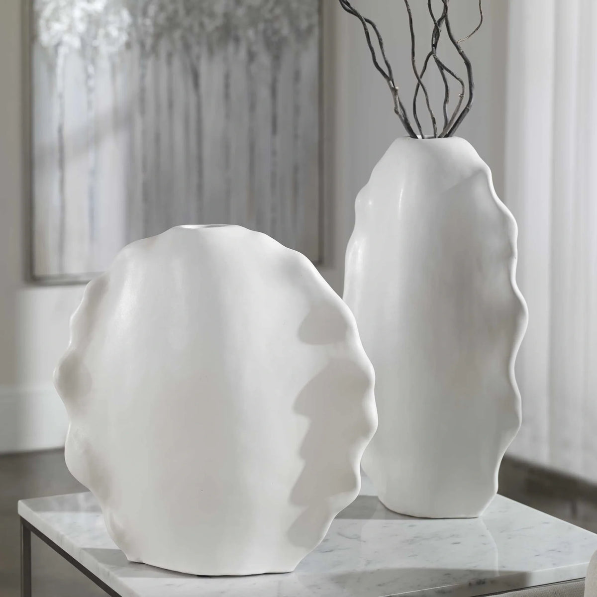 Modern White Ceramic Vases, Set of 2