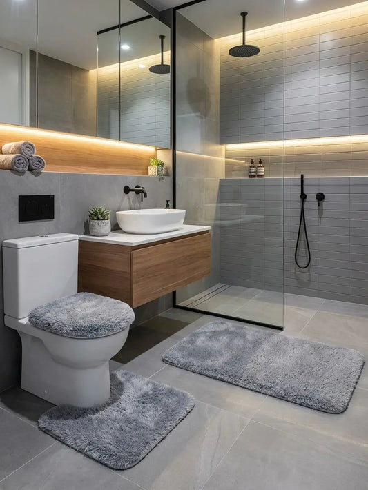 3 Piece Grey Bathroom Rug Set | Soft Bath Mat, Toilet Contour Rug & Lid Cover | Non-Slip Bathroom Mat Set | Washable Bathroom Rugs