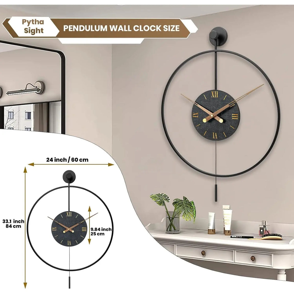 Large Pendulum Wall Clock 24" × 33" | Silent Non-Ticking Quartz Movement, Walnut Hands | Black or Black-Walnut