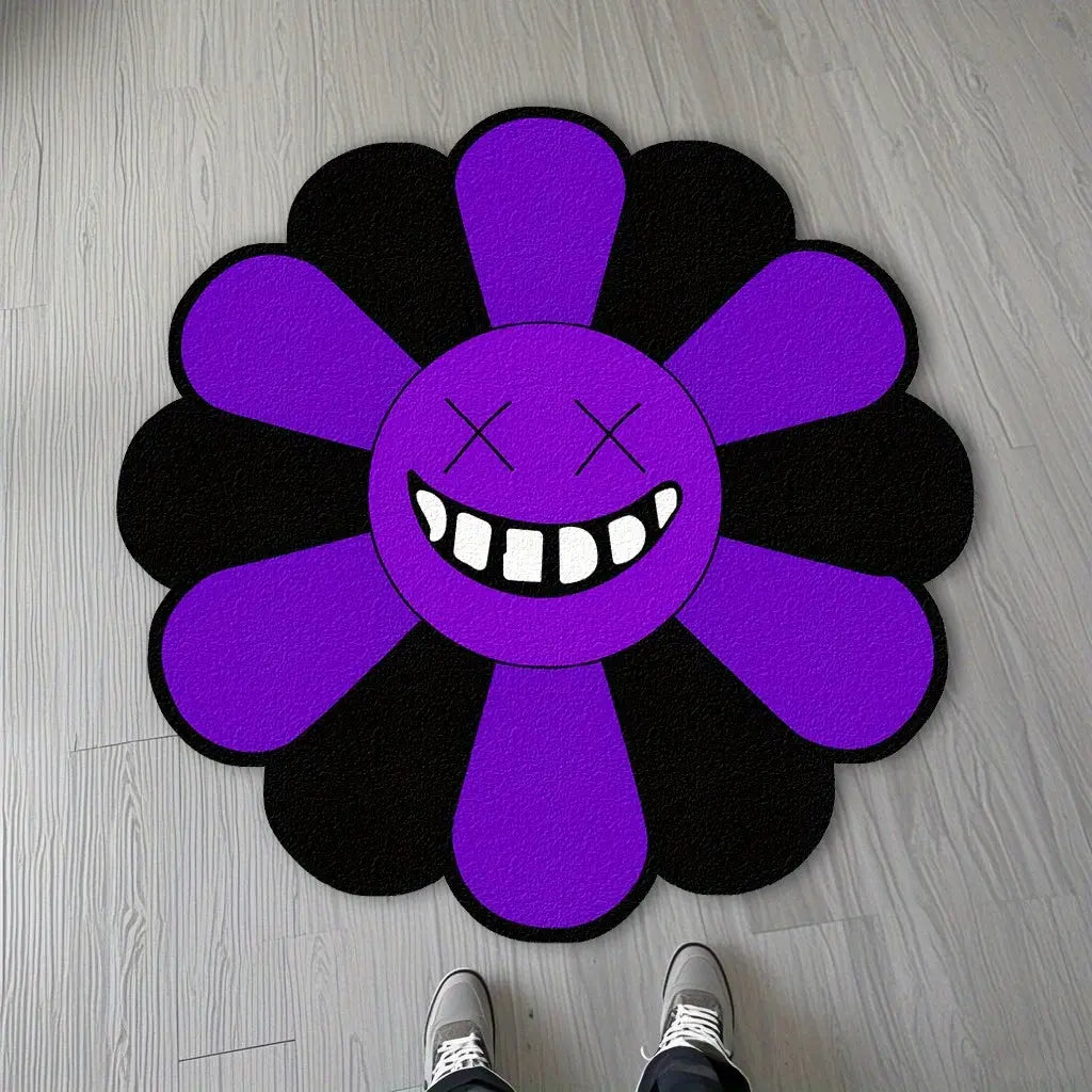 Charming Round Floral Smiling Face Rug - Gothic Decorative Velvet Mat for Living Room, Bedroom & More - Perfect Christmas Gift!