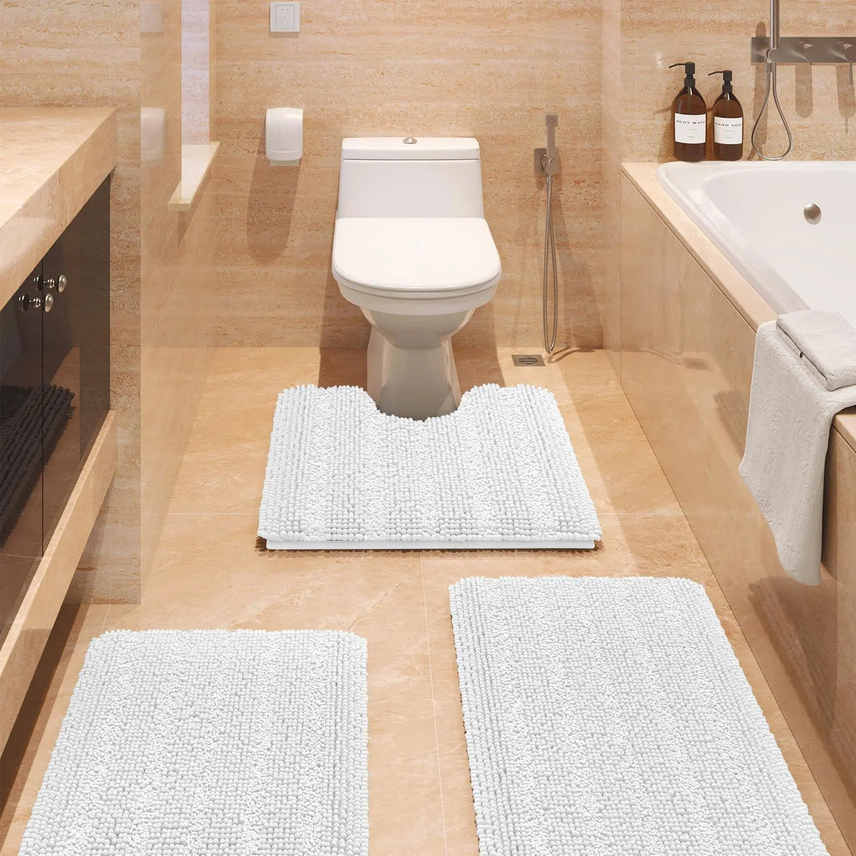 Transform Your Bathroom with the ACCUMTEK Luxurious Soft Striped Chenille Bath Rug Set - 3 Plush, Non-Slip Mats for Ultimate Comfort and Style