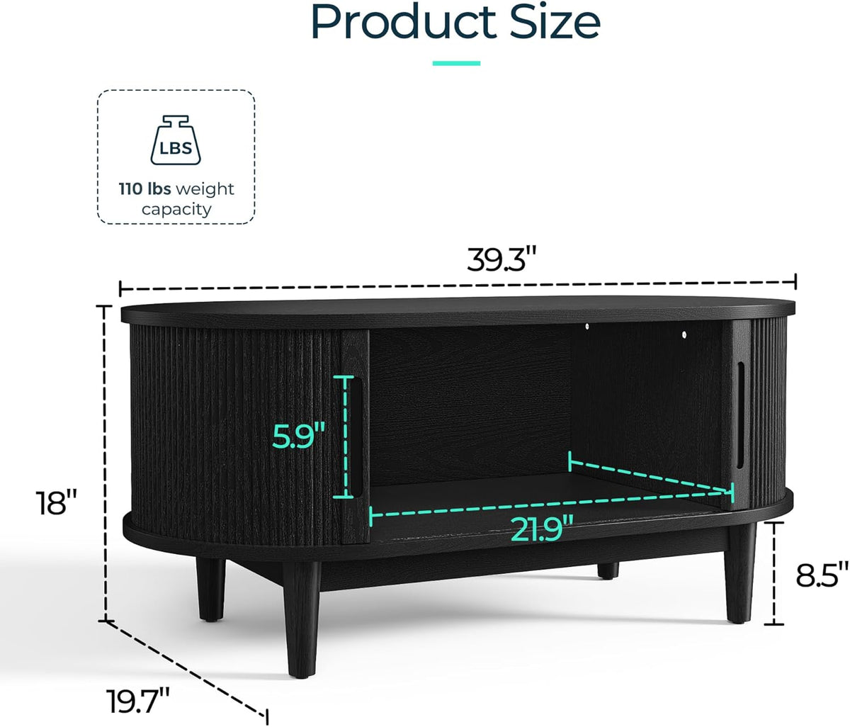 Oval Black Coffee Table with Fluted Tambour Door
