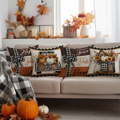 4-Piece Thanksgiving Cushion Covers with Retro Truck and Pumpkin Design