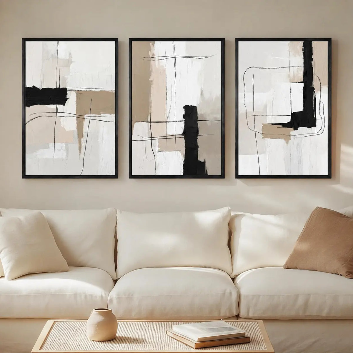 Elevate Your Space with a Set of 3 Framed Neutral Abstract Canvas Prints - Modern Minimalist Artwork for Any Room