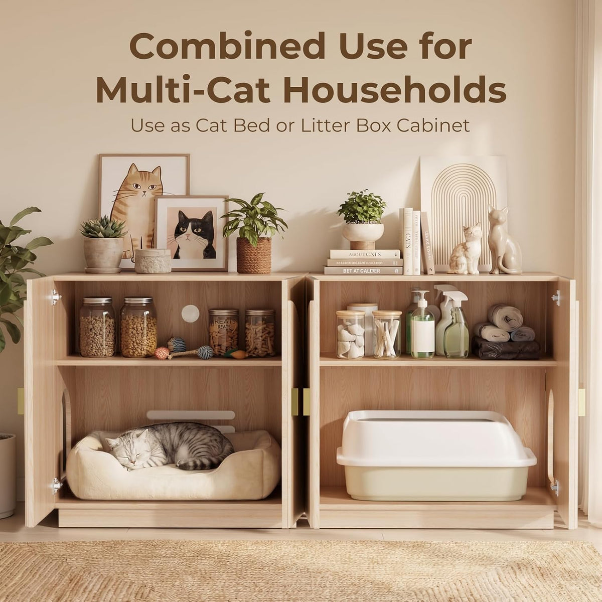 Large Cat Litter Box Enclosure with Storage - Fluted Design and Adjustable Features in Natural Finish