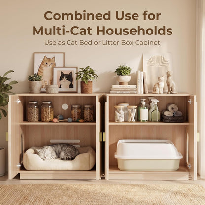 Large Cat Litter Box Enclosure with Storage - Fluted Design and Adjustable Features in Natural Finish