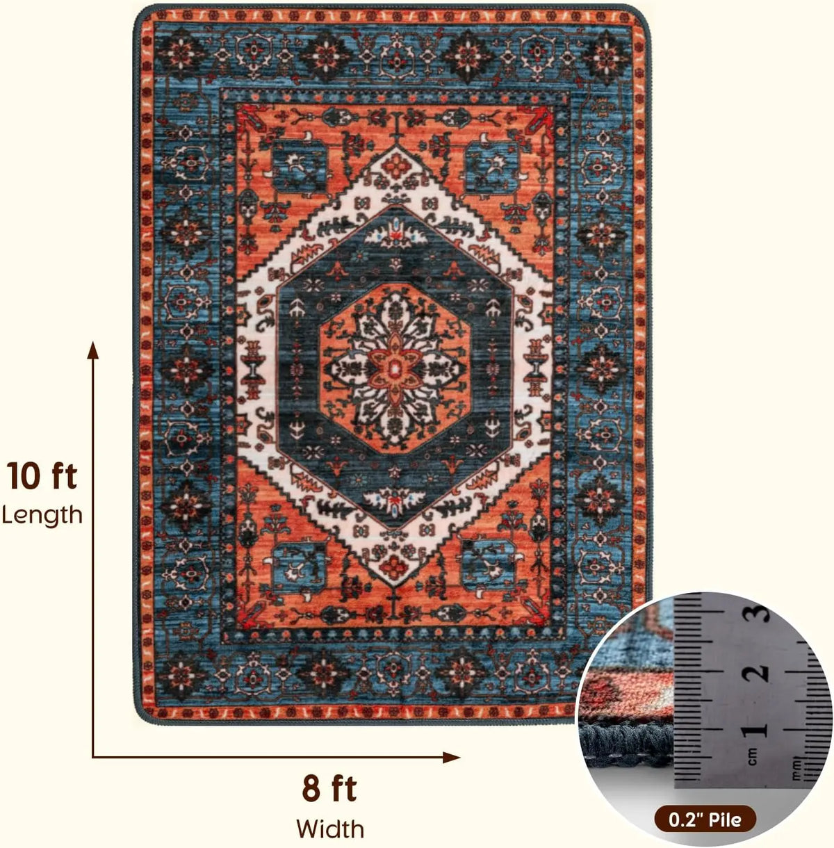 Shilucheng Boho Washable Area Rug | Low Pile, Non-Slip Rubber Backing | 8 Colourways, Sizes 2×3 to 9×12