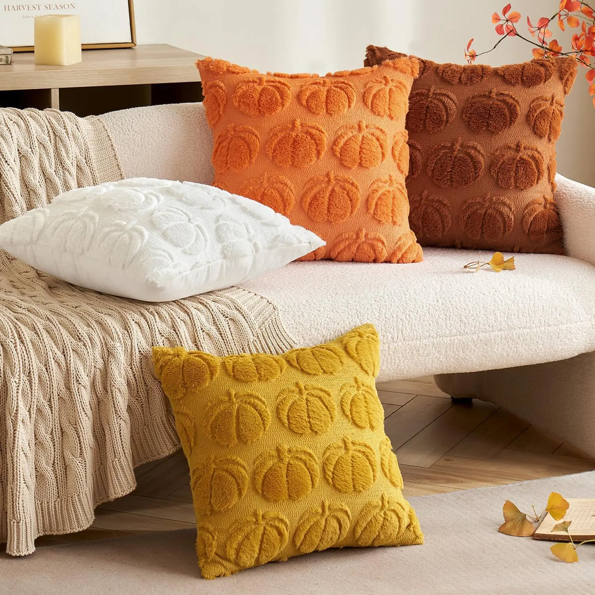 Set of 2 Fall Throw Pillow Covers 18X18 Pumpkin Design – Autumn Decor for Sofa, Couch & Porch