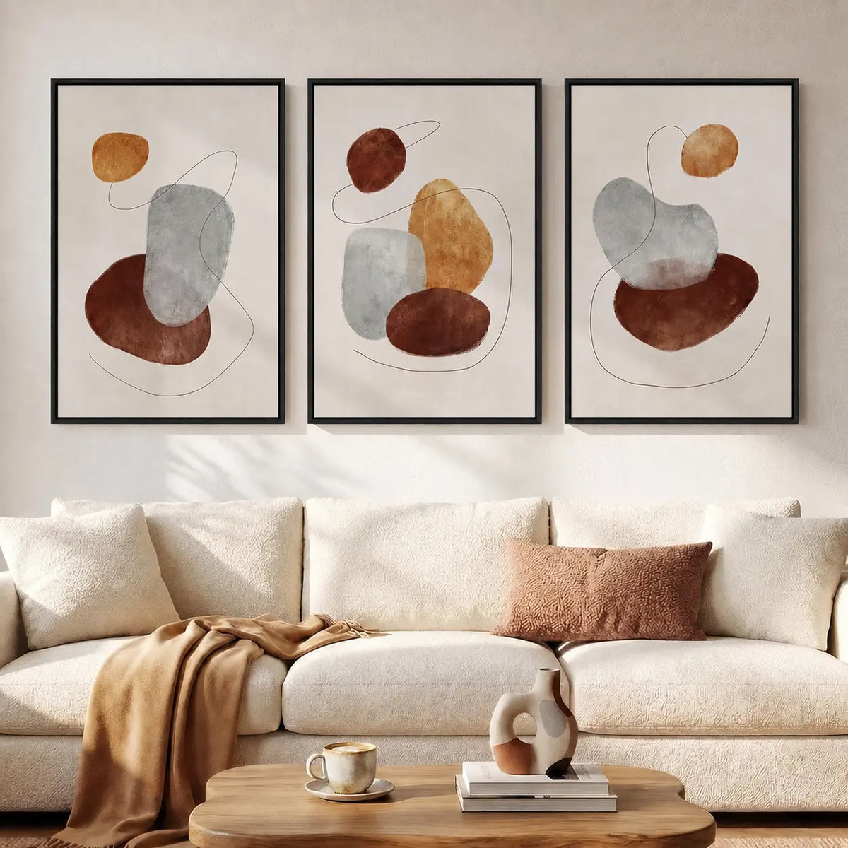 Elevate Your Space with a Set of 3 Framed Neutral Abstract Canvas Prints - Modern Minimalist Artwork for Any Room