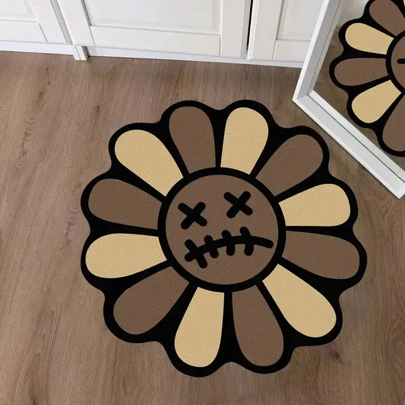 Charming Round Floral Smiling Face Rug - Gothic Decorative Velvet Mat for Living Room, Bedroom & More - Perfect Christmas Gift!