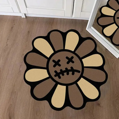 Charming Round Floral Smiling Face Rug - Gothic Decorative Velvet Mat for Living Room, Bedroom & More - Perfect Christmas Gift!