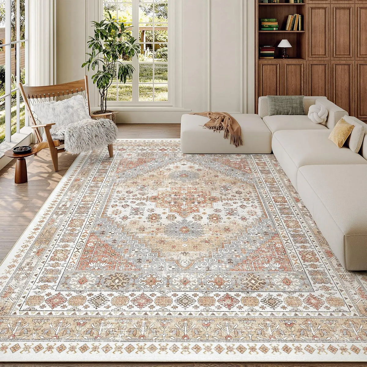 Comicomi Decorative Rugs for Bedroom, Non-Slip Backing Machine Washable Vintage Bohemian Geometric Pattern Large Pink Stain-Resistant Soft