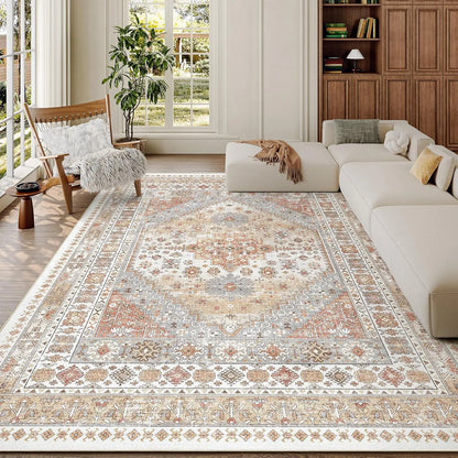 Comicomi Decorative Rugs for Bedroom, Non-Slip Backing Machine Washable Vintage Bohemian Geometric Pattern Large Pink Stain-Resistant Soft