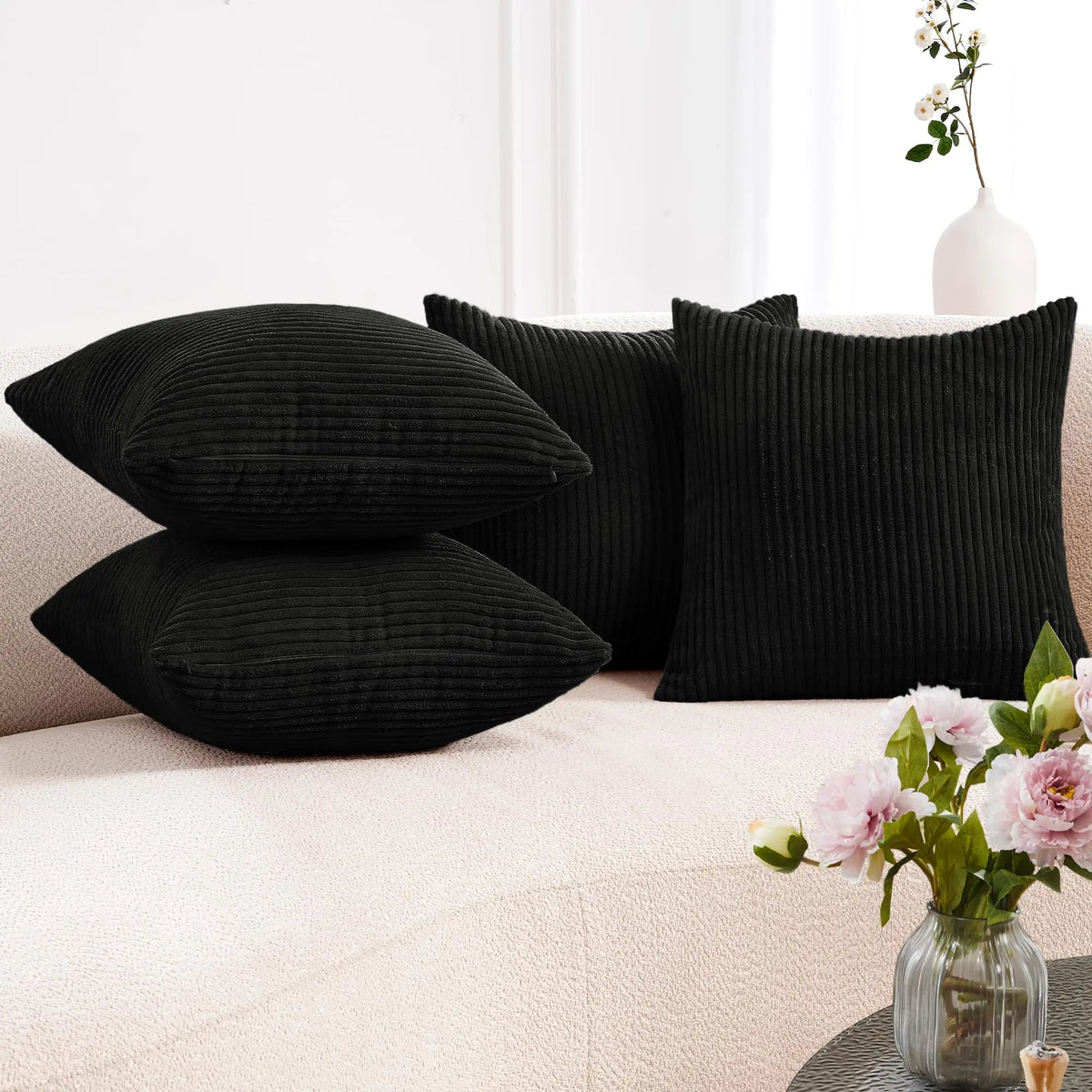 Transform Your Space with Deconovo's Set of 4 Cream Corduroy Striped Throw Pillow Covers - Perfect for Sofa, Couch, or Bed!
