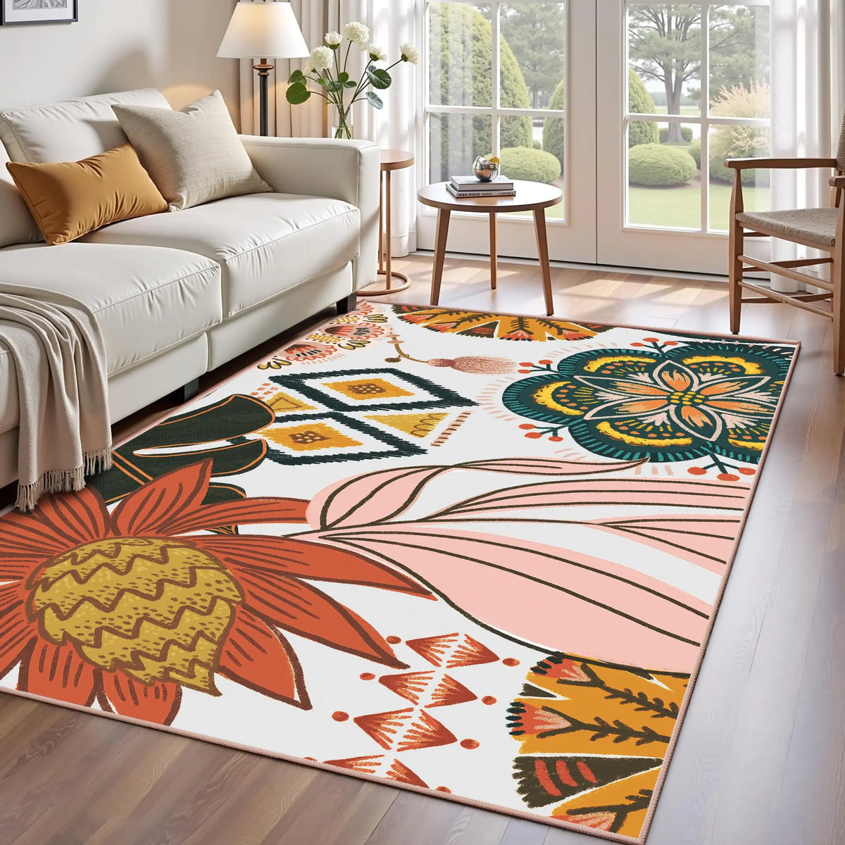 Tyrot Boho Floral Washable Area Rug - Non-Slip, Ultra Soft Mid-Century Modern Room Decor Botanical Carpet for Living Room, Bedroom | Plant-Themed Farmhouse Accent Rug Summerwins, Botanical Area Rugs