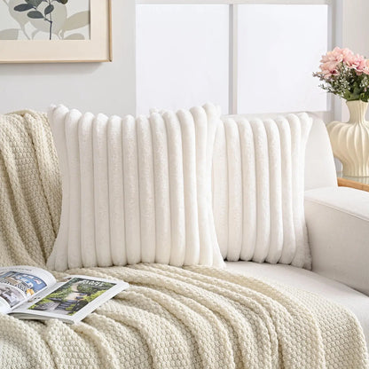 Set of 2 Luxuriously Soft Faux Plush Decorative Throw Pillow Covers - 18x18 Inches, Cream White Striped Accent Cushions for Sofa, Couch, and Bed