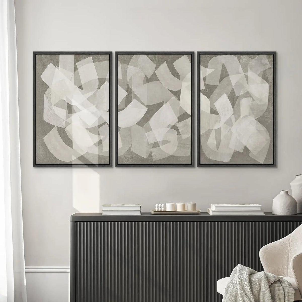Framed Canvas Print Set - Abstract Geometric Art in Calming Neutral Tones - 16" x 24" x 3