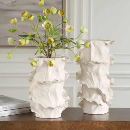 Ruffled White Sculptural Vases, Set of 2