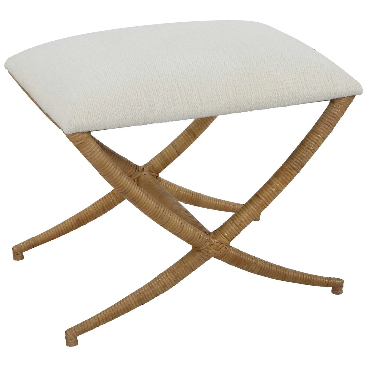 Rattan-Wrapped White Fabric Bench