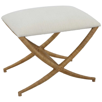 Rattan-Wrapped White Fabric Bench