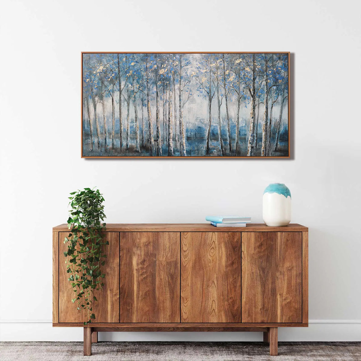 Framed Modern Grey Blue and Gold Foil Forest Canvas Oil Painting