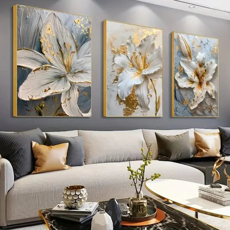 3-Piece Frameless Gold and White Flower Canvas Art Set – Modern Floral 3D Lily Prints for Bedroom and Living Room Decor