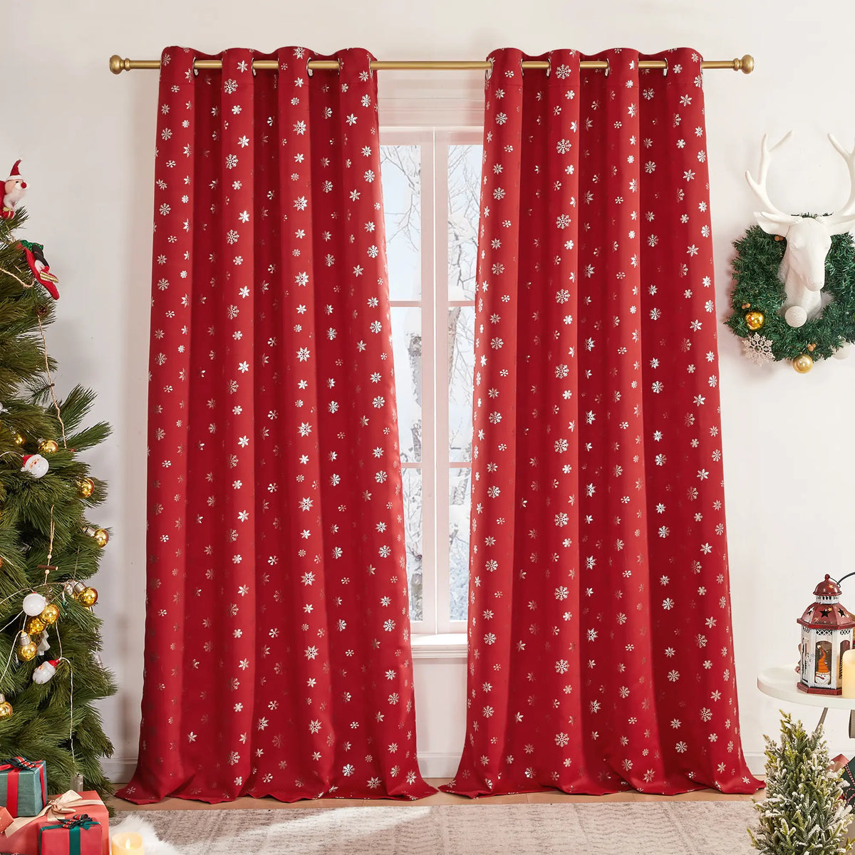 Deconovo's Red Snowflake Blackout Curtain Set – 2 Thermal Insulated Drapes for a Holiday Ambiance in Bedroom & Living Room