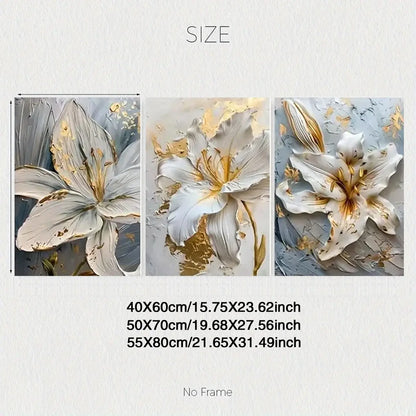 3-Piece Frameless Gold and White Flower Canvas Art Set – Modern Floral 3D Lily Prints for Bedroom and Living Room Decor
