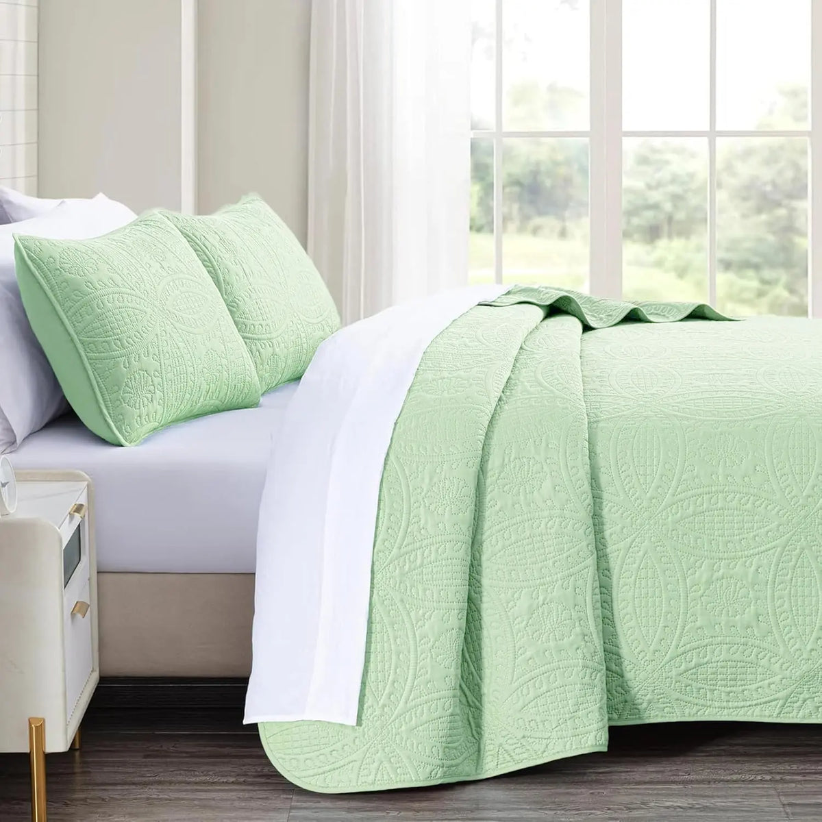 3-Piece Microfiber Bedding Set - Queen Size Light Green Ultrasonic Quilted Bedspread Coverlet, Soft Bedspreads with Coin Patchwork